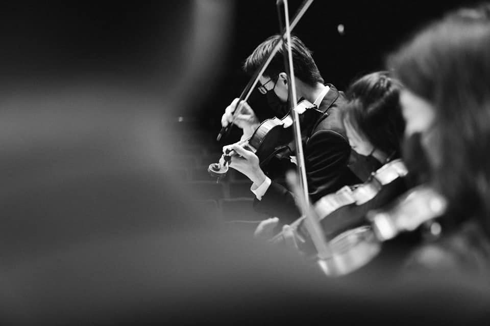Black and white image of string players in performance.